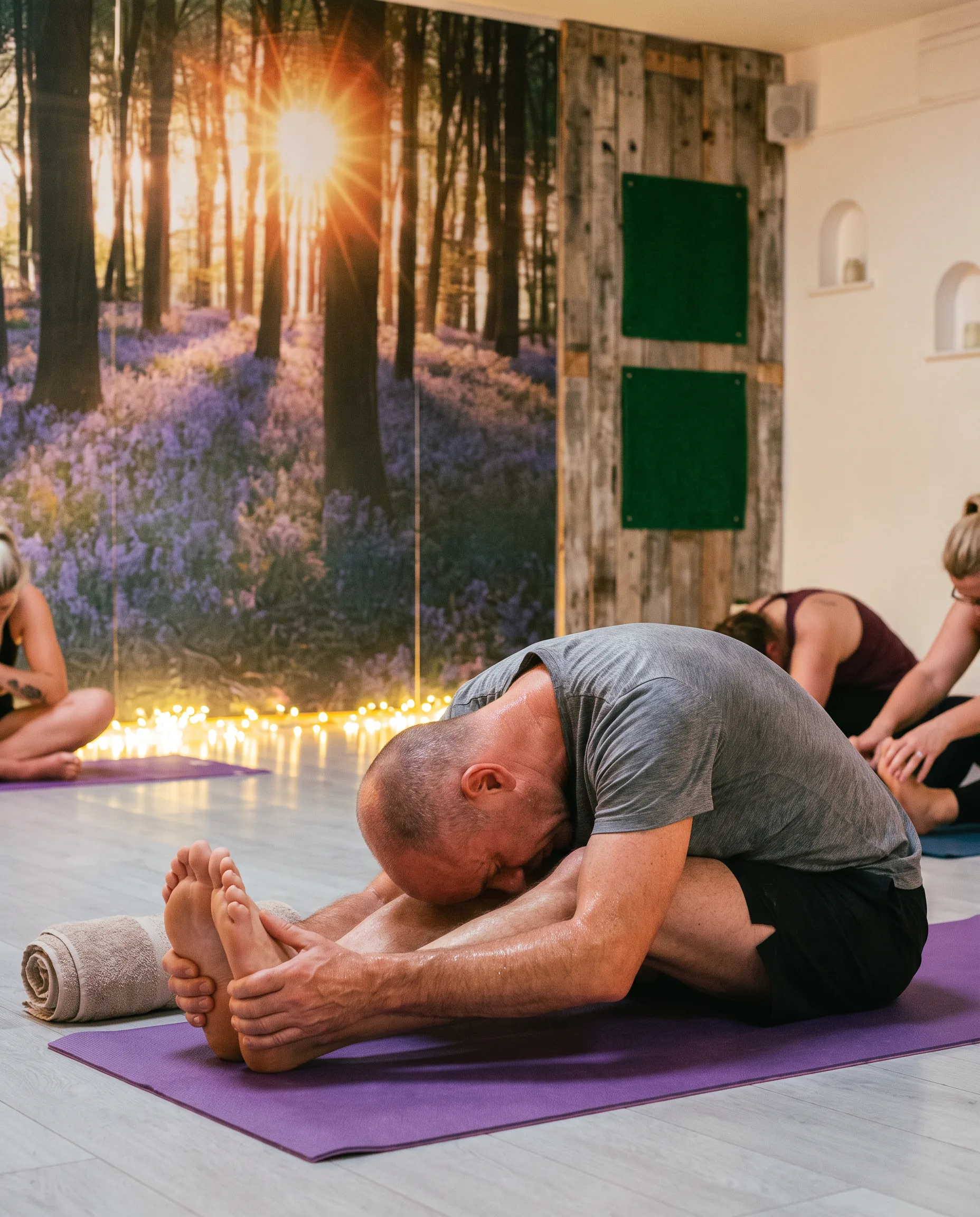 A man in a deep seated forward fold on a purple mat, eyes closed, the forest mural soft behind him.