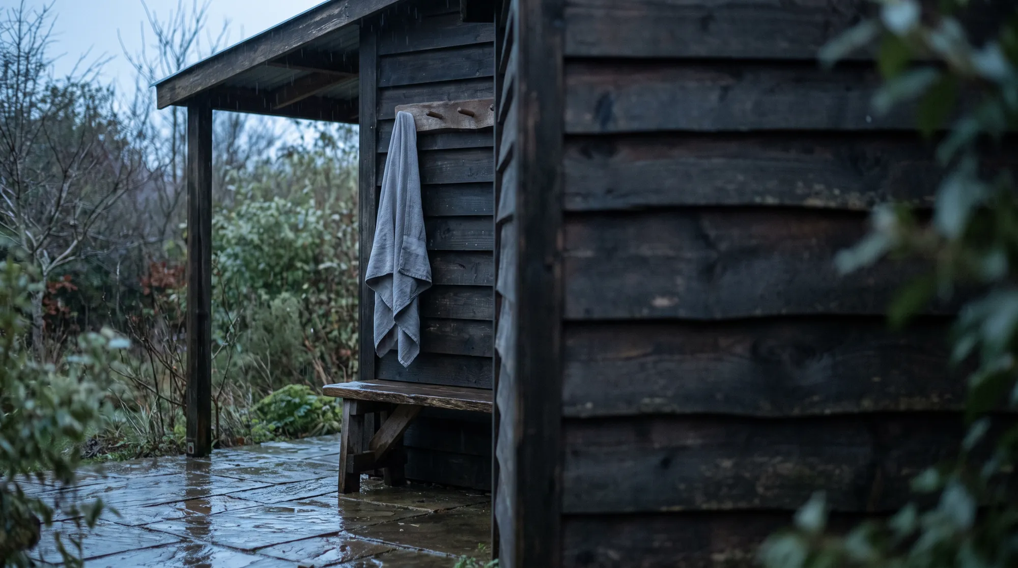 Outside a dark timber cabin at blue hour in light rain, a grey towel on a peg above a wooden bench