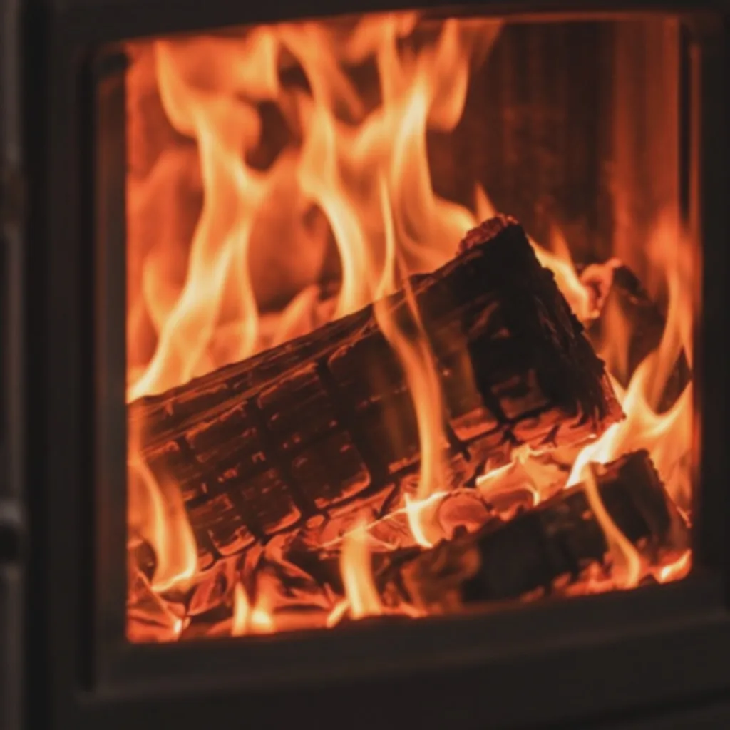 Flames curling round a log behind the stove glass