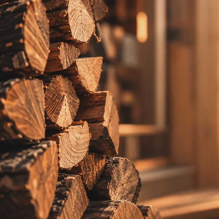 Split logs stacked by the door, lit warm from the side