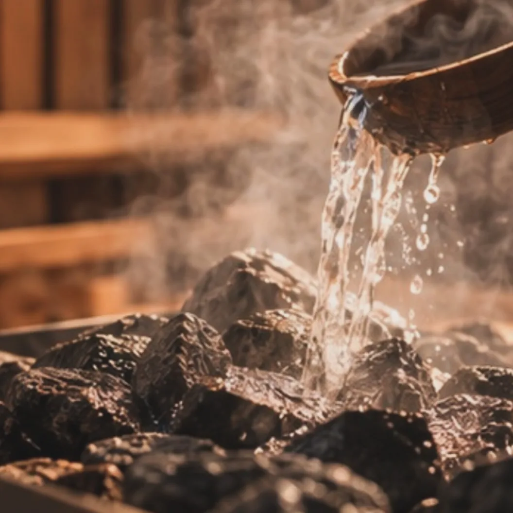 Water poured from a wooden ladle onto hot sauna stones, steam rising
