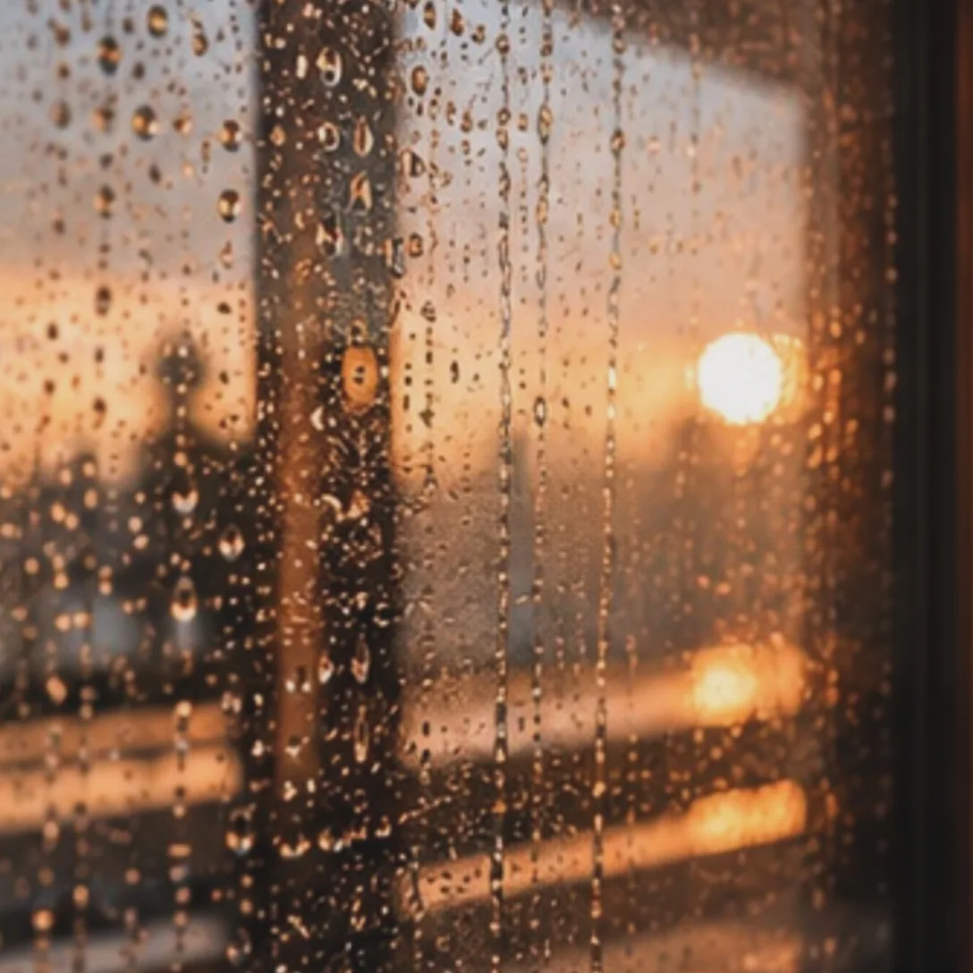 Rain on a window at sunset, the low sun blurred behind the drops