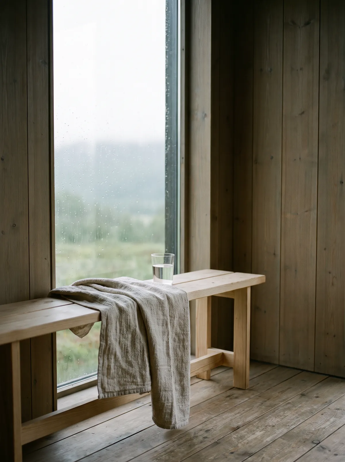 A plain wooden bench by a tall rain-streaked window, a linen towel and a glass of water on it